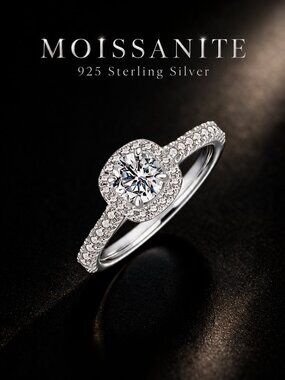 Moissanite Cushion Halo Ring, 925 Sterling Silver, Size 8, 0.5CT D Color VVS1